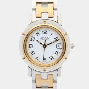 مملوكة مسبقًا Hermes Clipper CL4.220 Quartz White Yellow Gold Plated Stainless Steel Women's Wristwatch 24 mm
