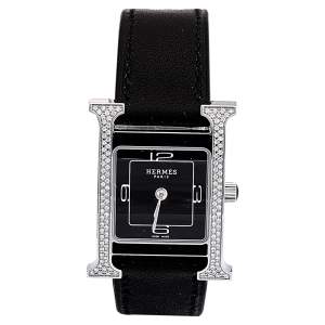 Hermes Black Stainless Steel Diamond Leather Heure H W046478WW00 Women's Wristwatch 21 mm