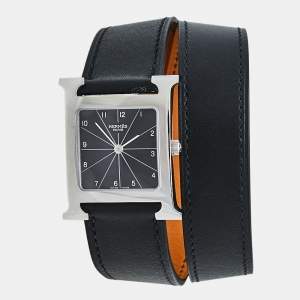 Hermès Black Stainless Steel Leather Wrap Heure H HH1.510 Women's Wristwatch 26 mm