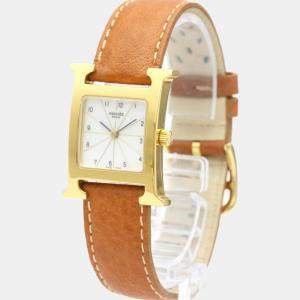 Hermes White Yellow Gold Plated Stainless Steel H HH1.201 Quartz Women's Wristwatch 21 mm