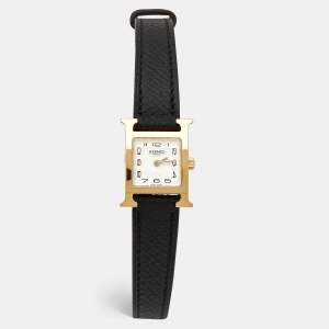 Hermes White Yellow Gold Plated stainless Steel Leather Heure H HH1.101 Women's Wristwatch 17 mm