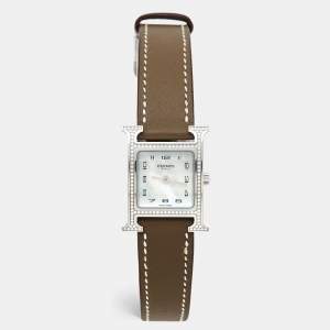 Hermes Mother of Pearl Stainless Steel Diamonds Leather Heure H HH1.235 Women's Wristwatch 21 mm