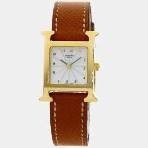 Hermes White Yellow Gold Plated Stainless Steel Heure H HH1.201 Women's Wristwatch 21 mm