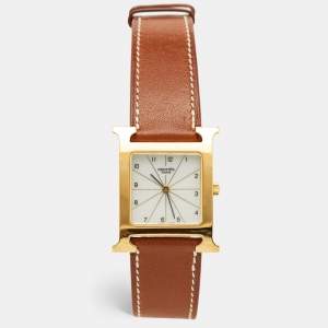 Hermes White Dial Yellow Gold Plated Stainless Steel Leather Heure H HH1.501 Women's Wristwatch 26 mm