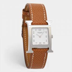 Hermes White Stainless Steel Calfskin Leather Heure H 036702WW00 Women's Wristwatch 21 mm