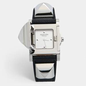Hermes Silver Stainless Steel Leather Medor W028322WW00 Women's Wristwatch 23 mm