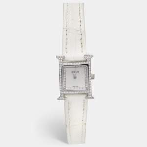 Hermès Mother Of Pearl Diamond Stainless Steel Alligator Leather Heure H W057250WW00 Women's Wristwatch 17 mm