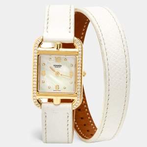 Hermes Mother Of Pearl Diamond 18K Yellow Gold Leather Cape Cod CC1.286 Women's Wristwatch 23 mm
