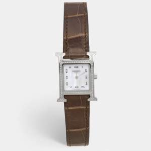 Hermes Mother of Pearl Diamond Stainless Steel Alligator Leather Heure H W053236WW00 Women's Wristwatch 21 mm