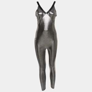 Heroine Sport Metallic Silver Lamé Racing Jumpsuit L