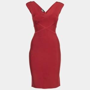 Pre Owned Herve L Leroux Red Bandage Knit Bodycon Dress S