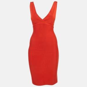 Pre Owned Herve L Leroux Red Bandage Knit Bodycon Dress S