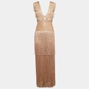 Herve Leger Metallic Lurex Knit Fringed Bodycon Evening Gown M
