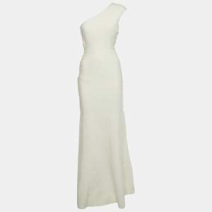 Pre Owned Herve Leger Cream Knit One-Shoulder Elena Bandage Maxi Dress M
