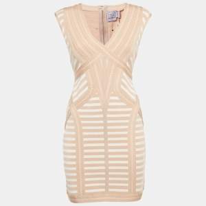 مملوكة مسبقًا Herve Leger Beige Striped Knit Bandage Mini Dress L
