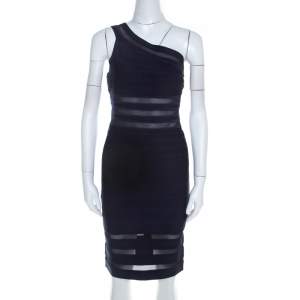 Herve Leger Navy Blue Knit and Mesh Insert One Shoulder Lara Bandage Dress M 