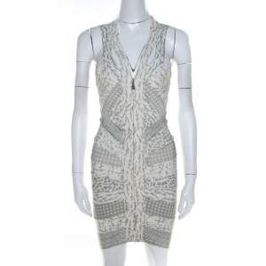 Herve Leger Dove Grey Multi Print Paneled Halter Bandage Dress XS