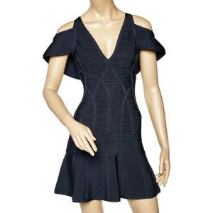 Herve Leger Navy Blue Knit Flared Bandage Mini Dress XS