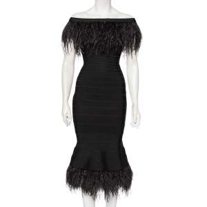 Herve Leger Black Bandage Ostrich Feather Trimmed Off Shoulder Dress XS