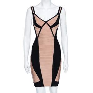 Herve Leger Beige & Black Karina Bandage Sleeveless Bodycon Mini Dress XS