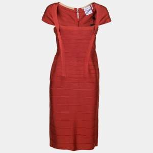 Herve Leger Red Knit Cap-Sleeve Bandage Dress L