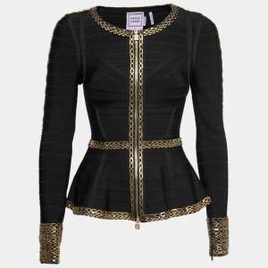 Herve Leger Black Stretch Knit Beaded Peplum Top XS
