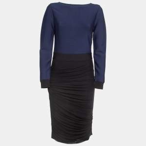 Herve Leger Navy Blue/Black Mesh Trim Knit Ruched Bandage Dress L