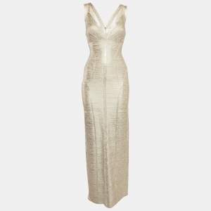 Herve Leger Beige Foil Print Banded Knit Sweetheart Maxi Dress S