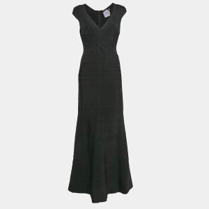 Herve Leger Black Stretch Bandage Knit Flared Maxi Dress L