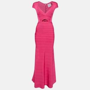 Herve Leger Pink Bandage Knit Cap Sleeve Flared Gown S