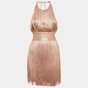 Herve Leger Gold Lurex Jersey Fringed Mini Dress XS