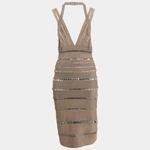 Herve Leger Tan Brown Bandage Knit Crystal Embellished Cut-Out Bodycon Dress S