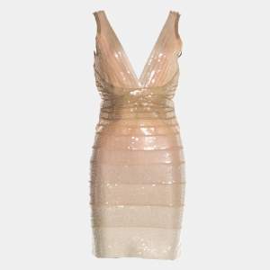 Herve Leger Beige Bandage Knit Sequin Bodycon Dress XS