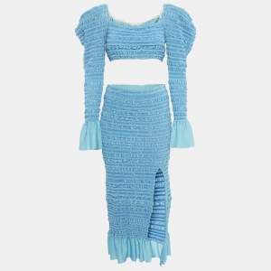 Herve Leger Blue Pucker Pattern Knit Top and Midi Skirt Set S