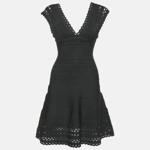 Herve Leger Black Knit Laser-Cut Detail Karolina Bandage Short Dress S