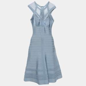 Pre Owned Herve Leger Blue Crochet Trim Knit Flared Short Dress M
