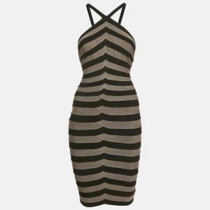 Pre Owned Herve Leger Black/Grey Knit Bandage Dress S