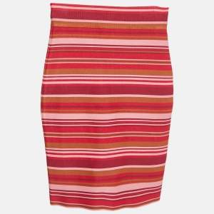 Pre Owned Herve Leger Pink Striped Jersey -Knit High Waisted Mini Skirt XXS