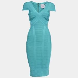 Pre Owned Herve Leger Blue Knit Bandage Layton Dress S