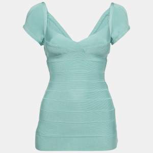 Pre Owned Herve Leger Mint Blue Knit Cold Shoulder Bandage Top S