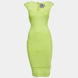 مملوكة مسبقًا فستان هيرفي ليجي قصير بانديدج جرسي أخضر نيون مقاس صغير