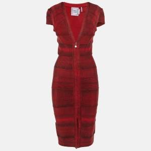 Pre Owned Herve Leger Red Printed Knit Plunge Neck Bandage Dress S