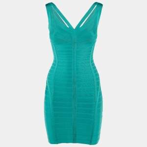 مملوكة مسبقًا Herve Leger Turquoise Jersey Bandage Mini Dress XS