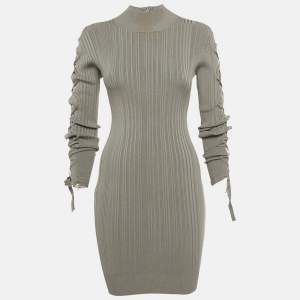 مملوكة مسبقًا فستان هيرفي ليجي رمادي محبوك مضلع بأكمام مربوطة صغير جدًا