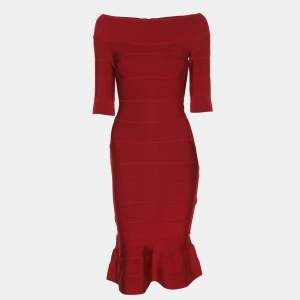 مملوكة مسبقًا Herve Leger Red Knit Bandage Knit Bodycon Dress XS