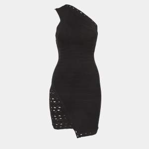 Pre Owned Herve Leger Black Stretch Knit One Shoulder Mini Dress XS