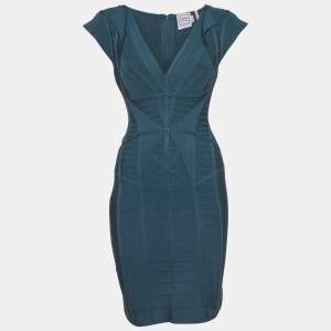 مملوكة مسبقًا فستان هيرفي ليجيه باندج تريكوت بلون أزرق مخضر قصير صغير الحجم