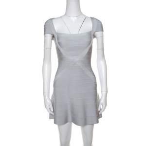Herve Leger Icy Grey Cap Sleeve Makayla Bandage Skater Dress XXS