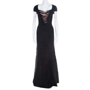 Herve Leger Black Knit Fringed Bodice Lora  Bandage Mermaid Gown XS