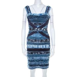 Herve Leger Blue Knit Denim Patch Detail Bandage Dress XS 